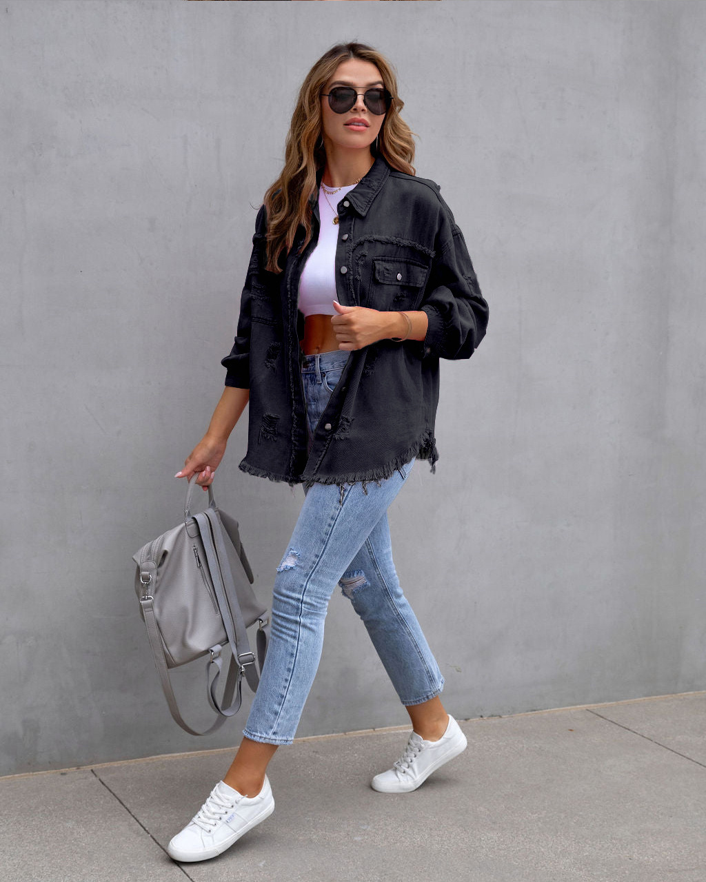 Giacca di jeans donna con volant strappata bavero manica lunga_voghion.com