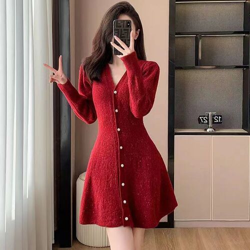 Autumn dress women's pullover mid-long waist knitted skirt autumn and winter knitted base shirt niche long-sleeved thick silk wool dress