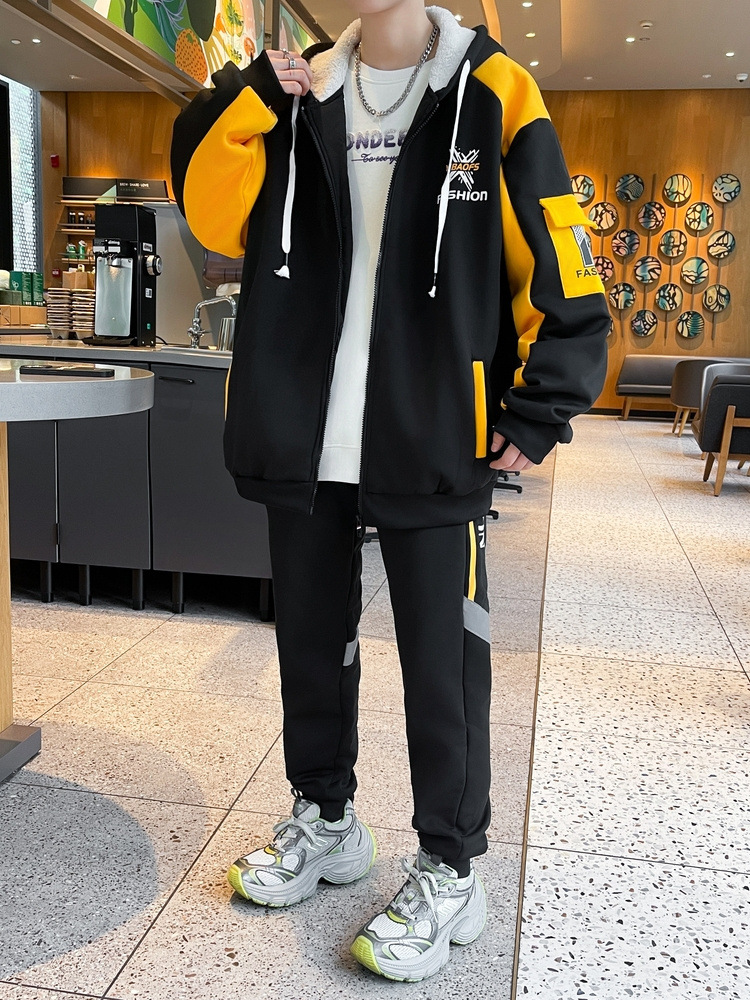 Conjunto de sudadera gruesa con forro polar para otoño e invierno, nuevo estilo para adolescentes, conjunto deportivo informal, moderno y elegante de dos piezas para estudiantes.