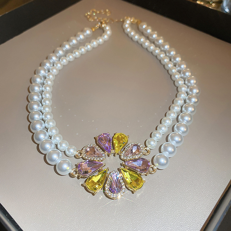 Aguja de plata con diamantes flores pendientes de perlas collares de moda versátil cadena de clavícula multicapa ligera lujo conjunto de joyas de alta calidad