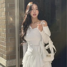 一枝南南同款纯欲芭蕾风韩国Notyourrose斜领翻边长袖背心两件套