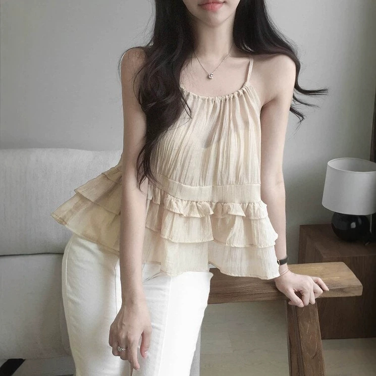 Cross-Border Korean Dongdaemun Chic Summer New Thin Sweet and Elegant Multi-Layered Lace Trim Camisole Top