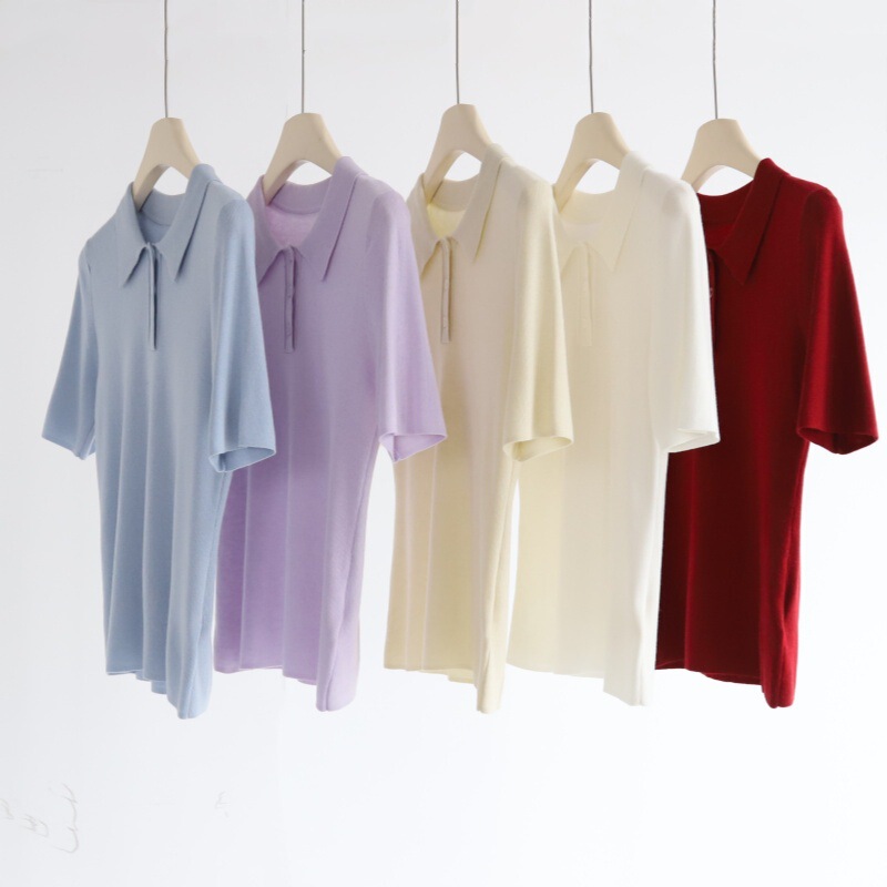 Acetate Wool Polo Collar Commuter Knitted Short-Sleeved Women's Autum New Simple Four-Level Weave Women's Lapel Top