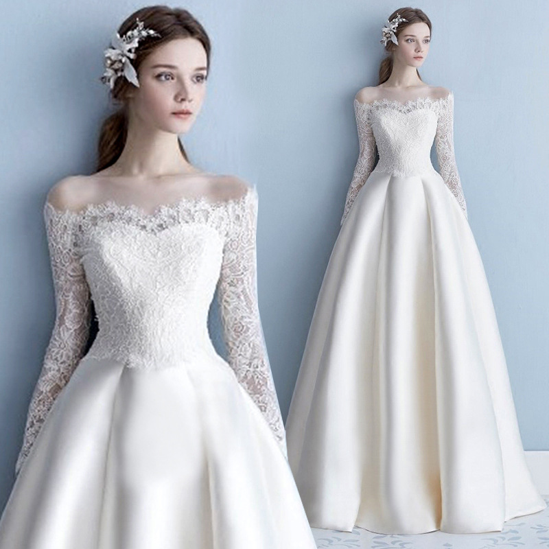 Cross-Border Off-Shoulder Floor-Length Wedding Dress 2026 New Summer European and American Style Wedding Gown Lace Satin Cross-Border Off-Shoulder Floor-Length Wedding Dress 2026 New Summer European and American Style Wedding Gown Lace Satin