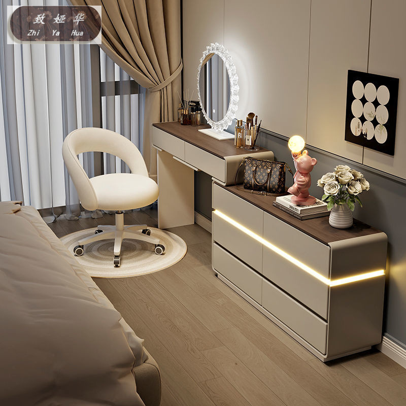 Modern Minimalist Cream-Style Solid Wood Makeup Table and Dresser Combo for Bedroom, 2026 New Model, Light Luxury Rock Slab Vanity Table