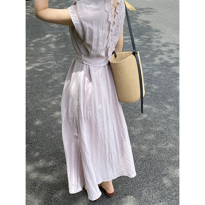 Jiangzuo French-Style Backless Embroidered Lace V-Neck Dress for Women, Tencel Linen High-Waist Shirt Long Dress for Summer 1525