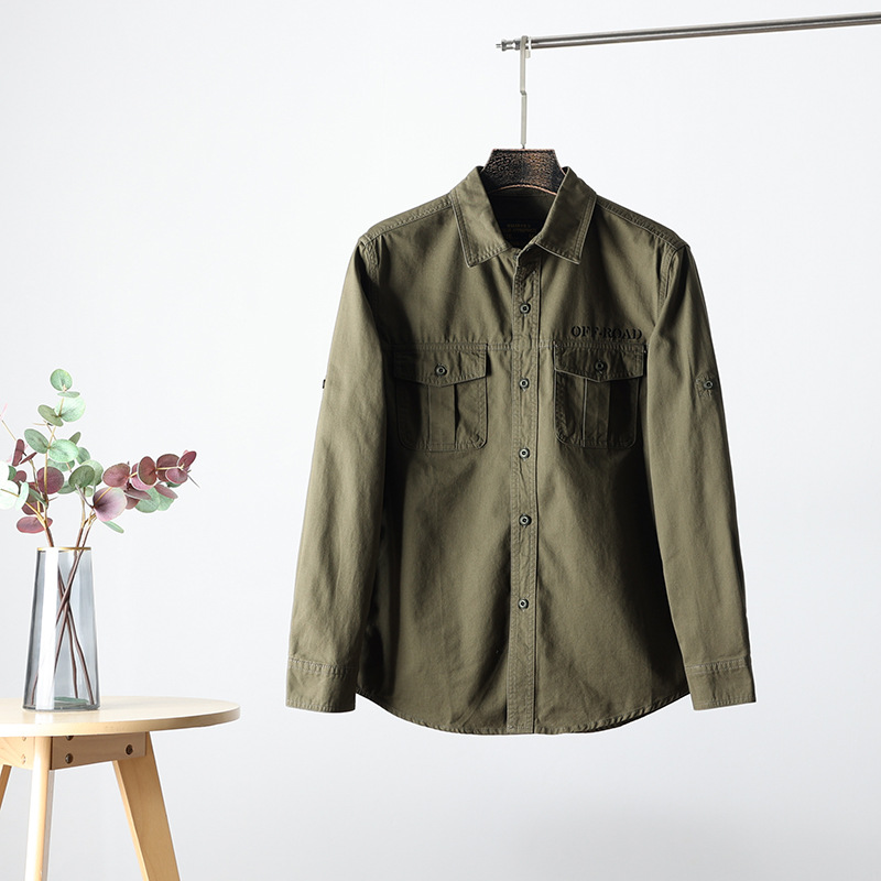 Primavera y verano estilo japonés de moda retro camisa de hombre herramientas sueltas casuales en la parte superior de la camisa de manga larga