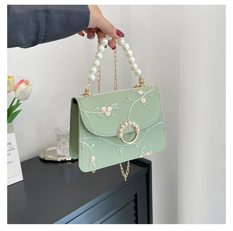 Bolso cuadrado de mano de perlas de moda simples bolso cuadrado de mujer 2024 nueva cadena de encaje de moda bolso cuadrado oblicuo de un hombro