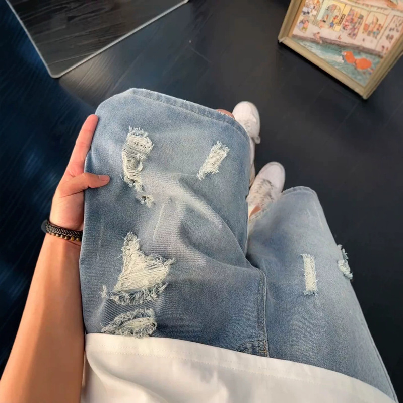 Blue Washed Ripped Denim Shorts for Men, Summer American Retro Casual Five-Point Pants, Cleanfit Wide-Leg Pants