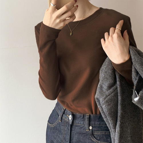 Autumn/Winter Women's Long-Sleeve T-Shirt Half-Neck Fleece Women's Top Double-Sided Napped Inner Layer Base Shirt Warm Keeping Warm Slimming