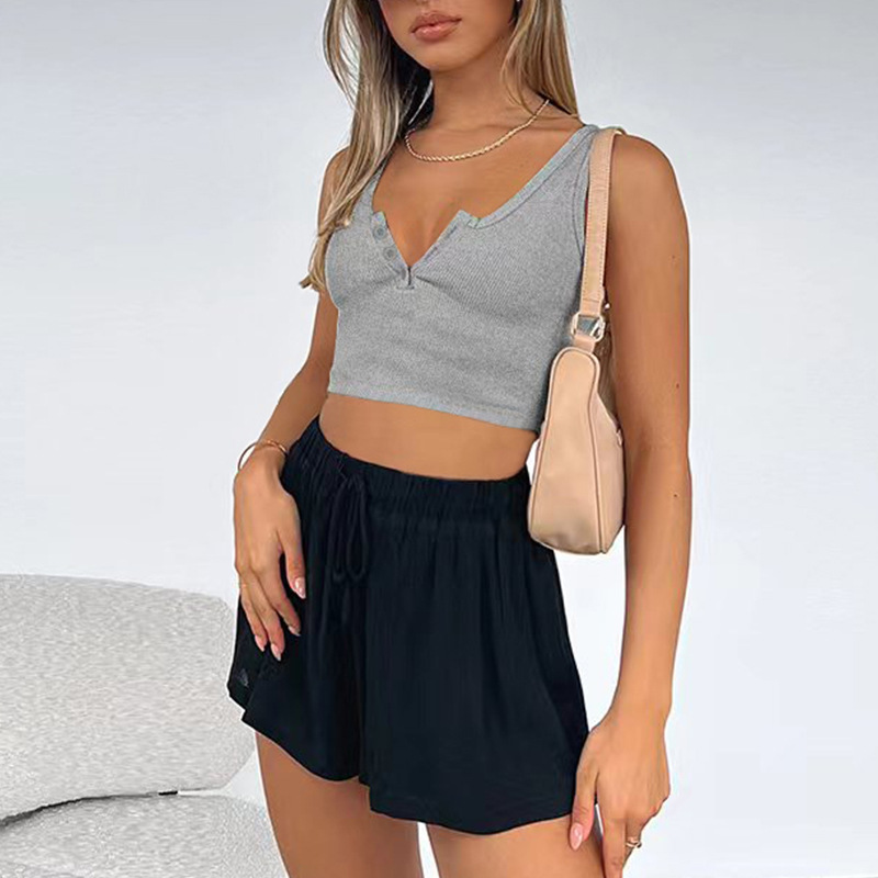 European and American Ins Summer New Women's Short Cropped Slim Sleeveless Top Cotton Rib Casual U-Neck Button Vest