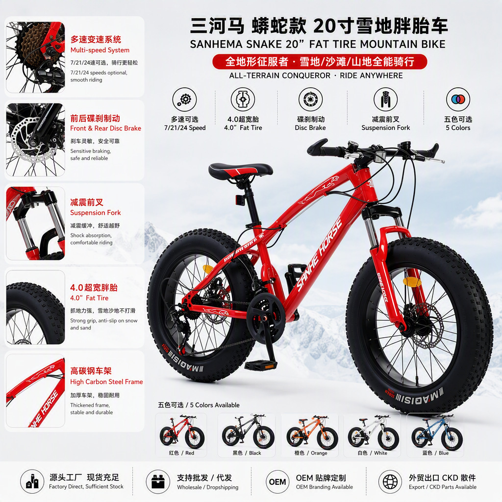 Todoterreno moto de nieve con neumáticos gordos de 20 pulgadas 4.0 neumáticos anchos, doble freno de disco, bicicleta de alta emisión de carbono, bicicleta de montaña todoterreno de velocidad variable