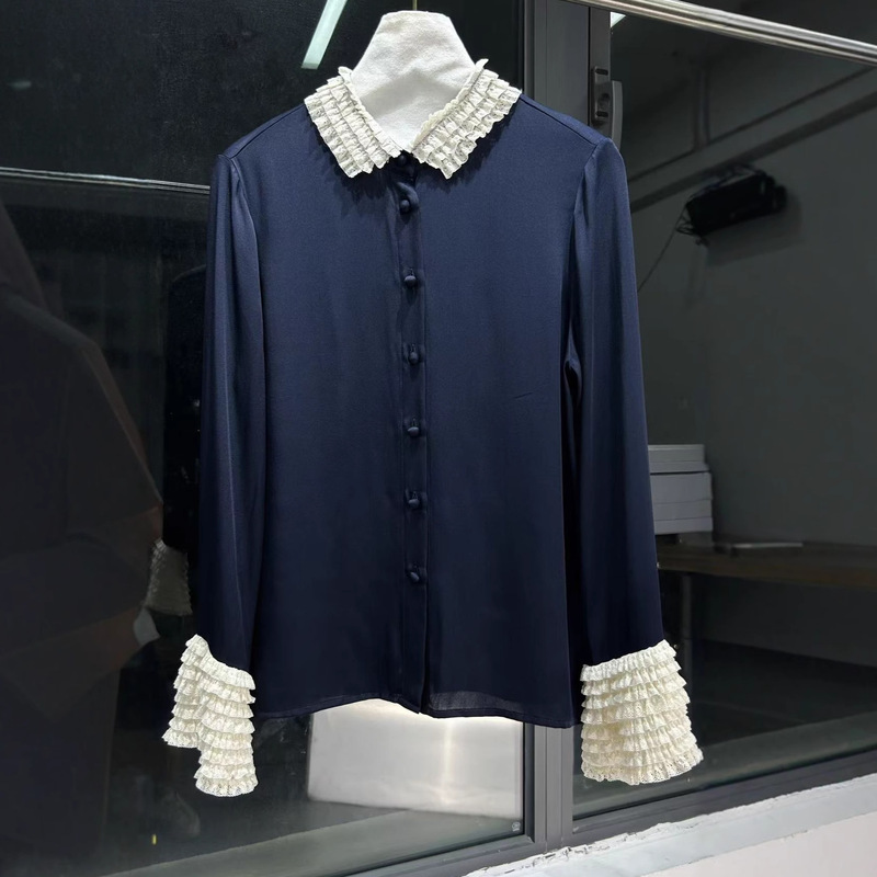 No Refunds, Only Exchange for the Same Style! Light Luxury Style Contrasting Color Lace Splicing Classy Heavy Stretch Satin Mulberry Silk Long-Sleeved Shirt