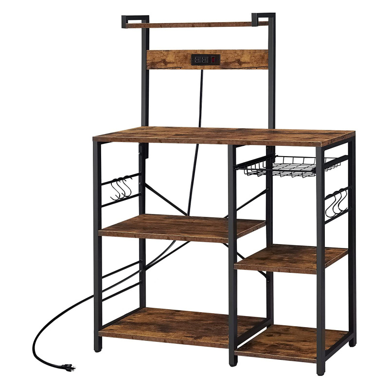 Floor steel wood furniture with socket kitchen storage rack household storage multi-layer rack black frame with mesh basket Floor steel wood furniture with socket kitchen storage rack household storage multi-layer rack black frame with mesh basket