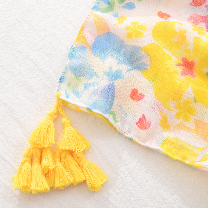 Primavera impresa bufanda de seda de las mujeres de color brillante todo fósforo protector solar chal hojas amarillas flor espiga algodón y lino sensación bufanda
