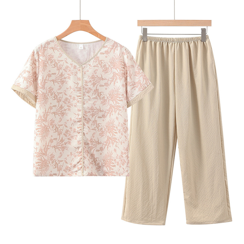 2025 New Polyester Bubble Middle-aged Mother's Small Floral Printed Short-sleeved Trousers for Outer Wear Home Clothes suit
