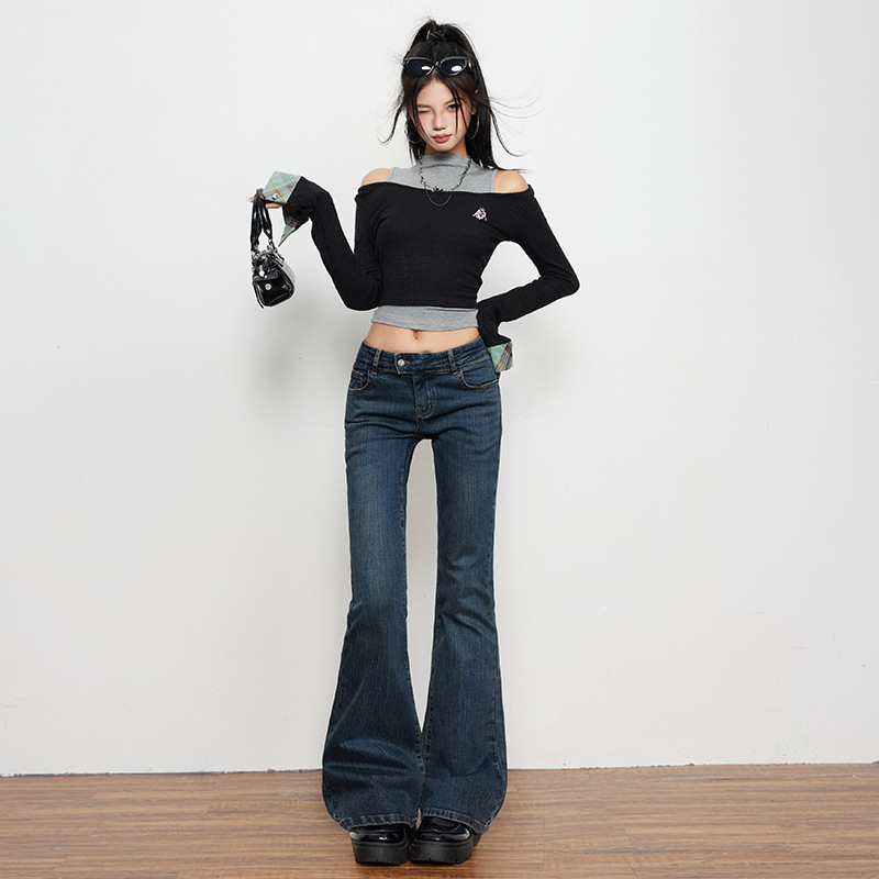 American Street Style Low-Rise Jeans Washed Slim Versatile Slim Flared Pants Slim Retro Solid Color Long Pants for Women American Street Style Low-Rise Jeans Washed Slim Versatile Slim Flared Pants Slim Retro Solid Color Long Pants for Women
