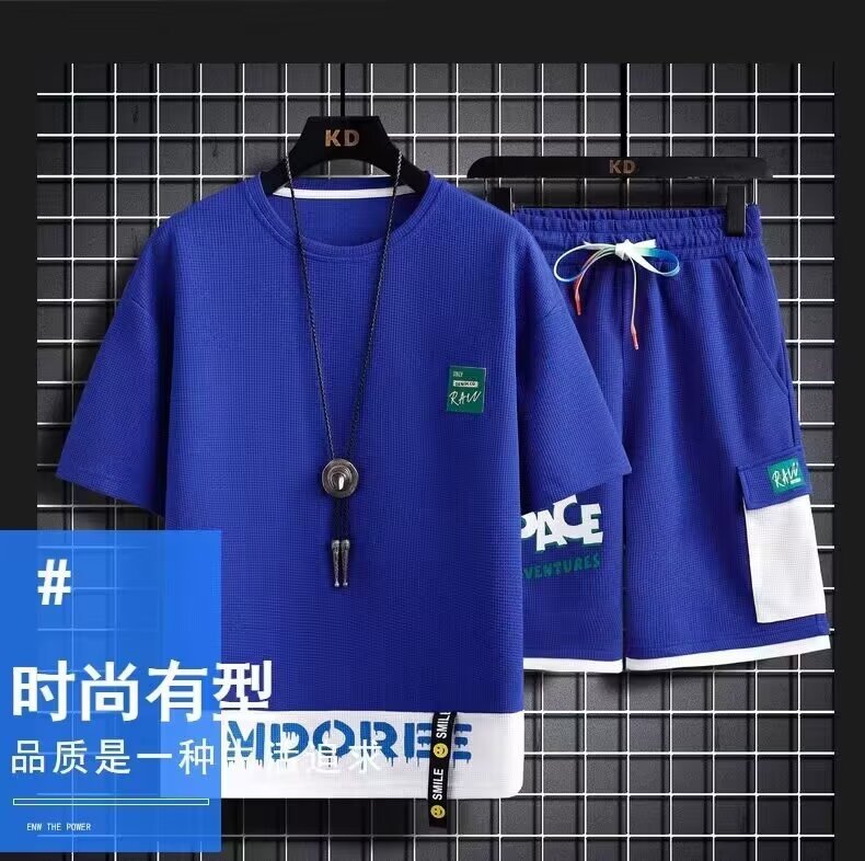 Camisas y menos ropa, waffle de verano, traje deportivo, pantalones cortos de manga corta casuales de comercio exterior sueltos delgados para hombres, traje de dos piezas