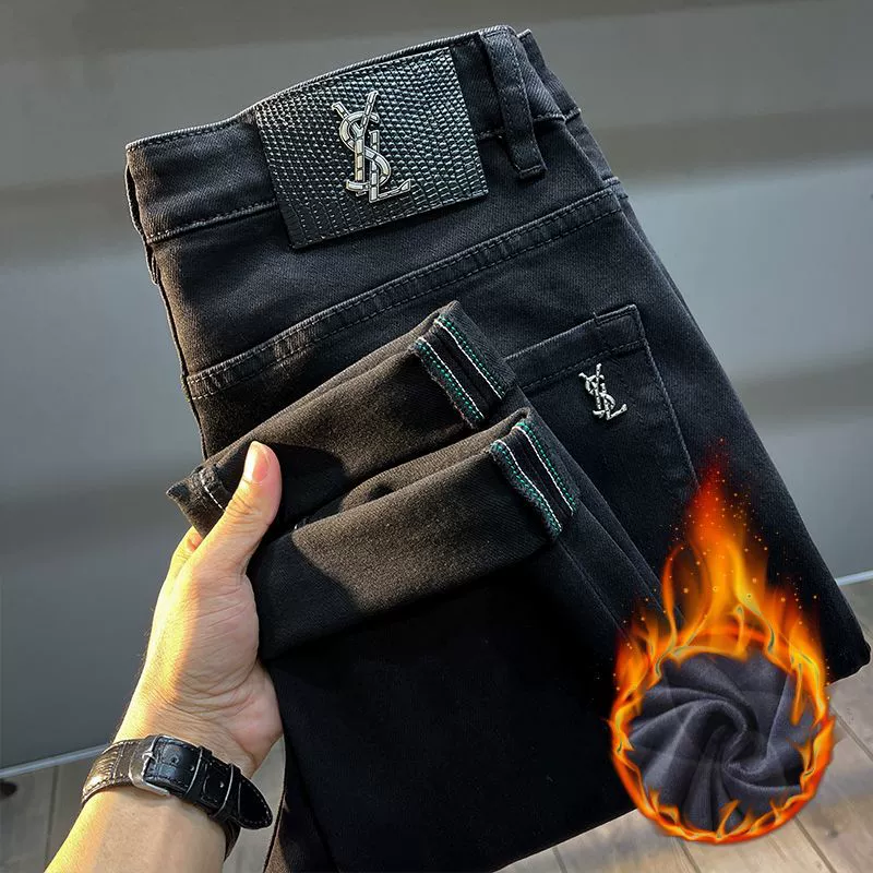 Зимние бархатные утолщенные мужские джинсы высокого класса тополя европейская версия черной стирки прямых трусов эластичные брюки для мужчин
