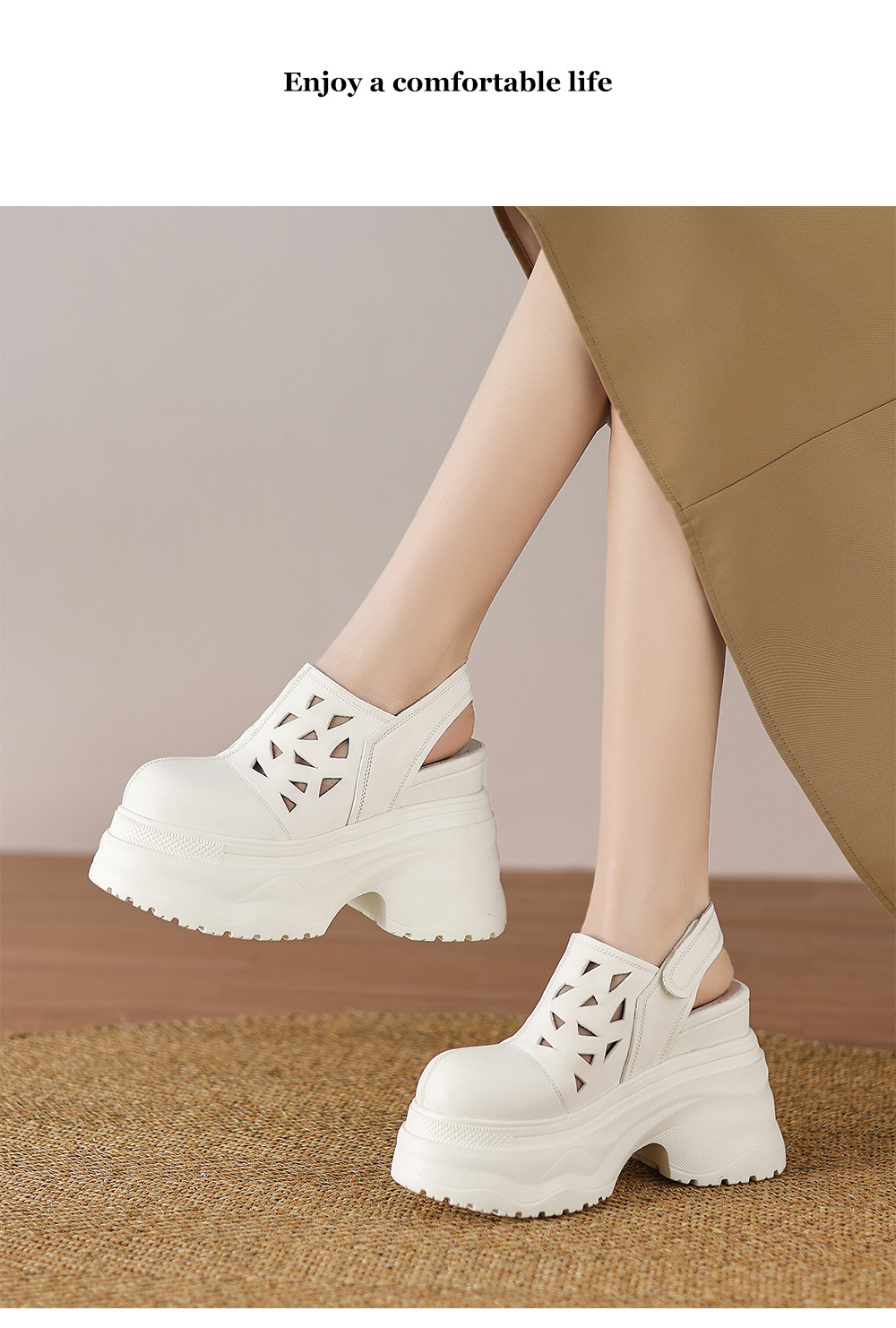 Giày sandal lỗ nữ đế xuồng platform cao 12 cm, bít mũi, dáng đế xốp nhẹ — đen, trắng chi tiết 9