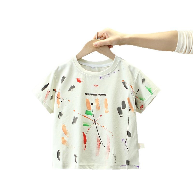 7834 Camiseta de manga corta para niños 2025 nuevo verano para niños moda de verano graffiti de media manga base ropa de bebé