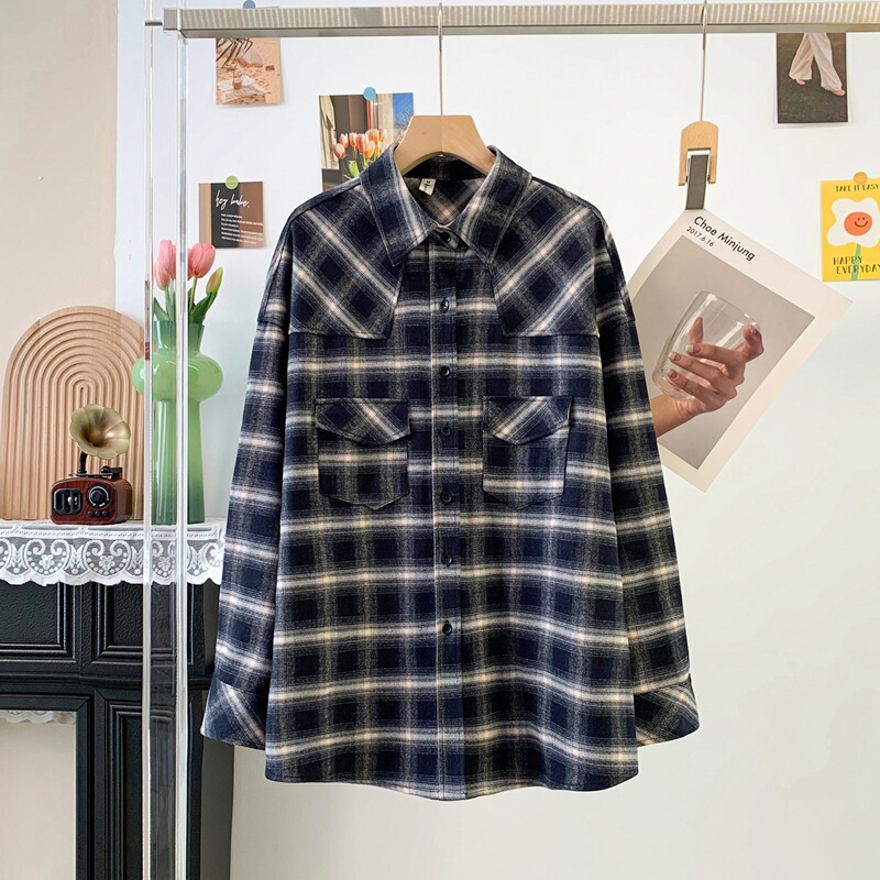 American-style retro plaid long-sleeve shirt jacket, 2026 new autumn casual lapel pocket cardigan, plus-size shirt