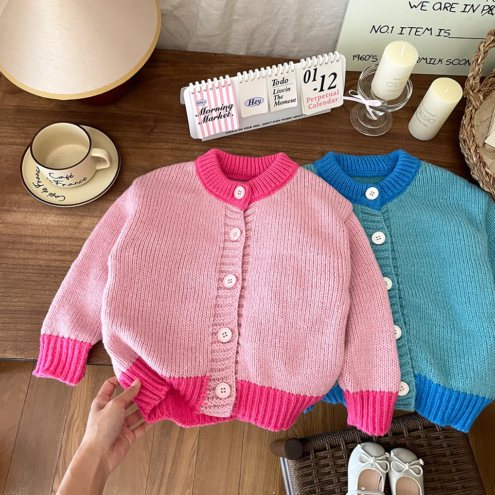 Kleidung, Mädchenoberbekleidung, Strickpullover im Frühlings- und Herbststil, stilvolle koreanische Babyversion, Kontrastfarbe,_voghion.com
