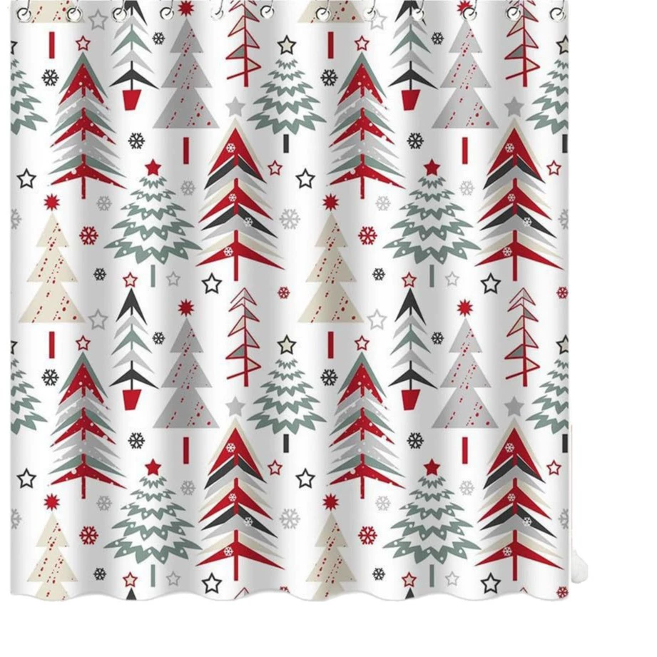 Colorful Merry Christmas shower curtain with hook Christmas tree red star snowflakes seamless pattern funny Christmas shower curtain set