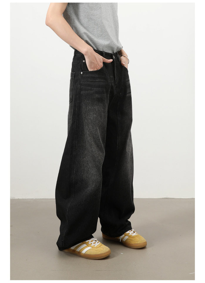Quần jeans nam dáng thẳng rộng phối màu phong cách retro — màu xanh, màu xám đen chi tiết 16