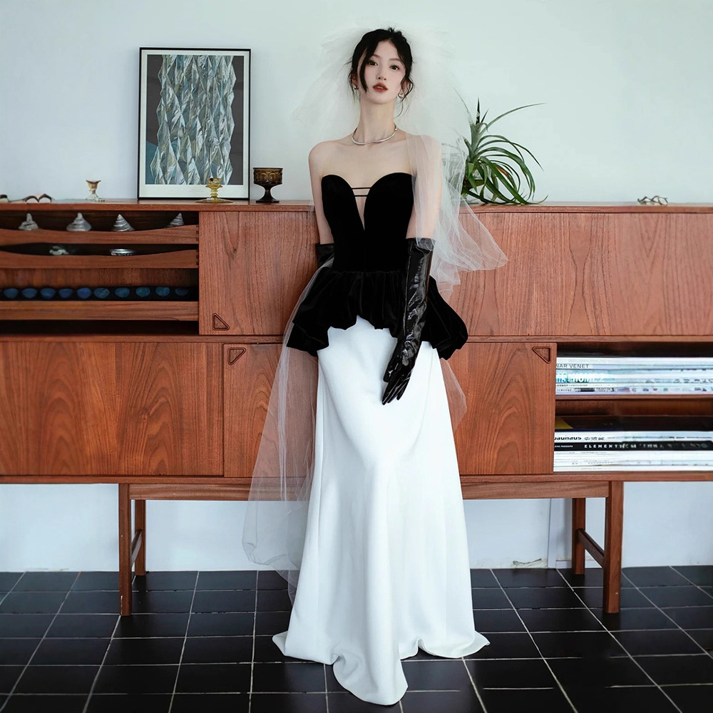 Strapless Evening Dress French High-End Luxury Temperament Bride Toast Dress Women's Birthday Annual Party Runway Performance Long Dress