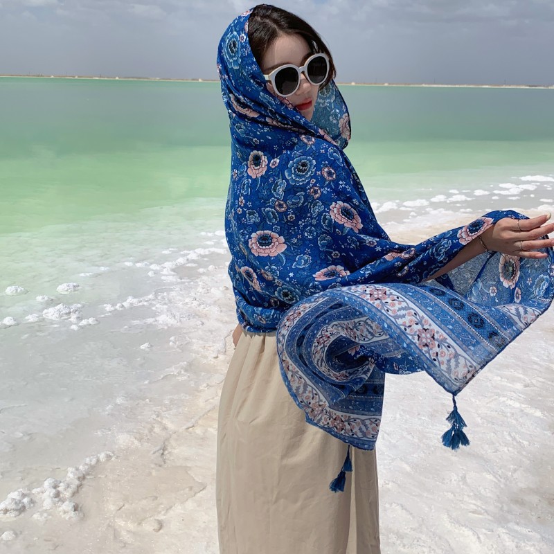 Nuevo té caqui Salt Lake viajes fotografía protector solar bufanda estilo étnico azul algodón y lino sensación bufanda chal exterior
