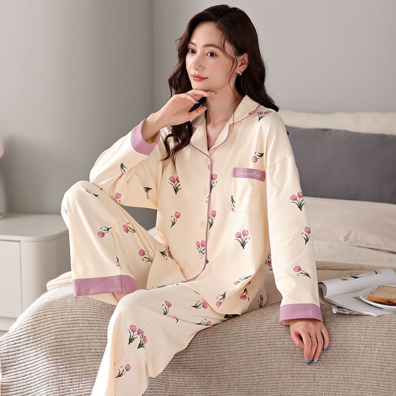 Pijamas de mujer 100% algodón primavera y otoño ropa de abrigo de manga larga ropa de hogar Verano de gran tamaño dulce traje de mamá de mediana edad