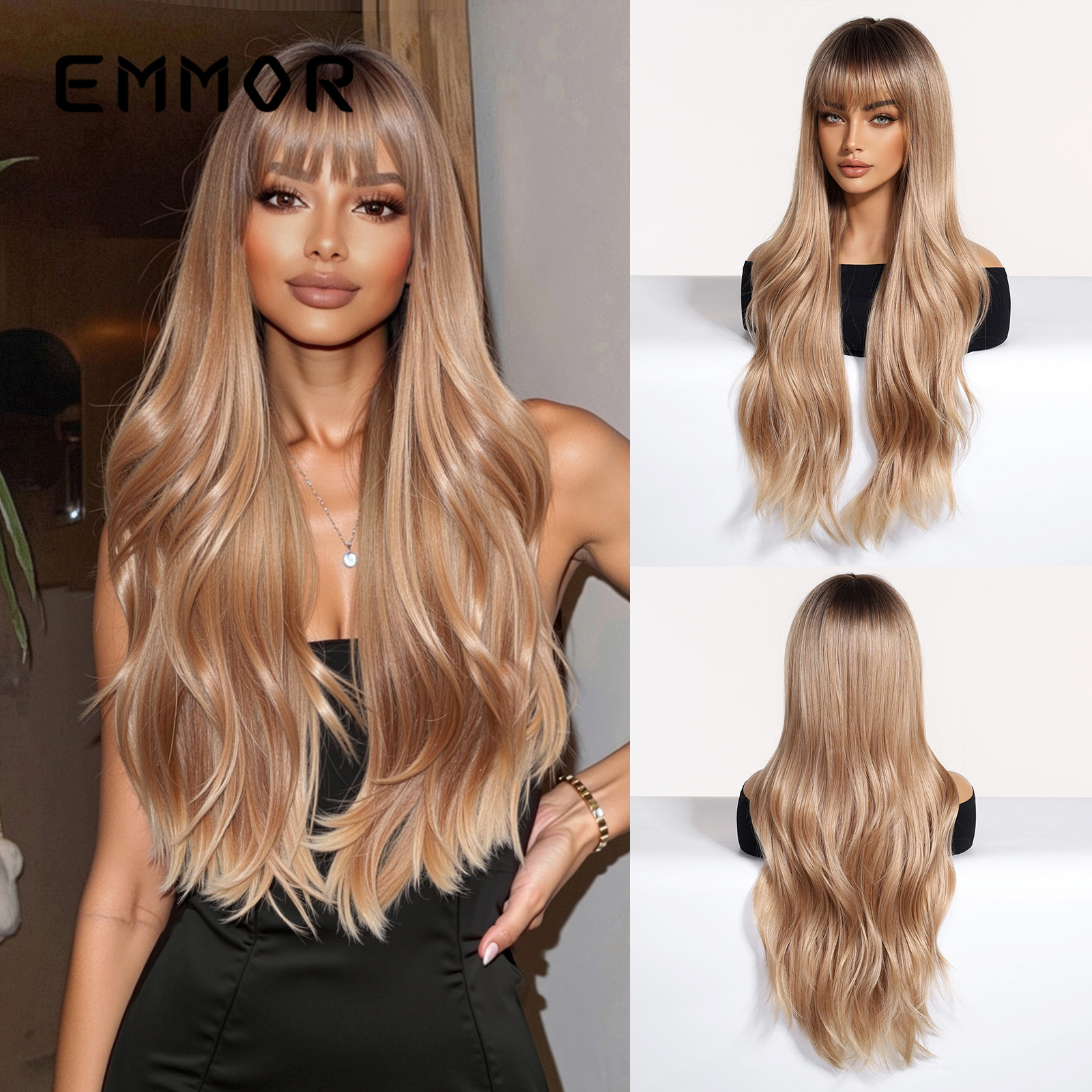 Peluca de cubierta completa para mujer, peluca de flequillo de aire rosa degradada para mujer, cabello rizado, seda mate de alta temperatura, fábrica de cabello de fibra química