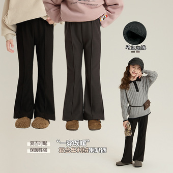 艾摩贝贝童裤2025冬中大女童韩版加绒拼接喇叭裤百搭加厚保暖长裤