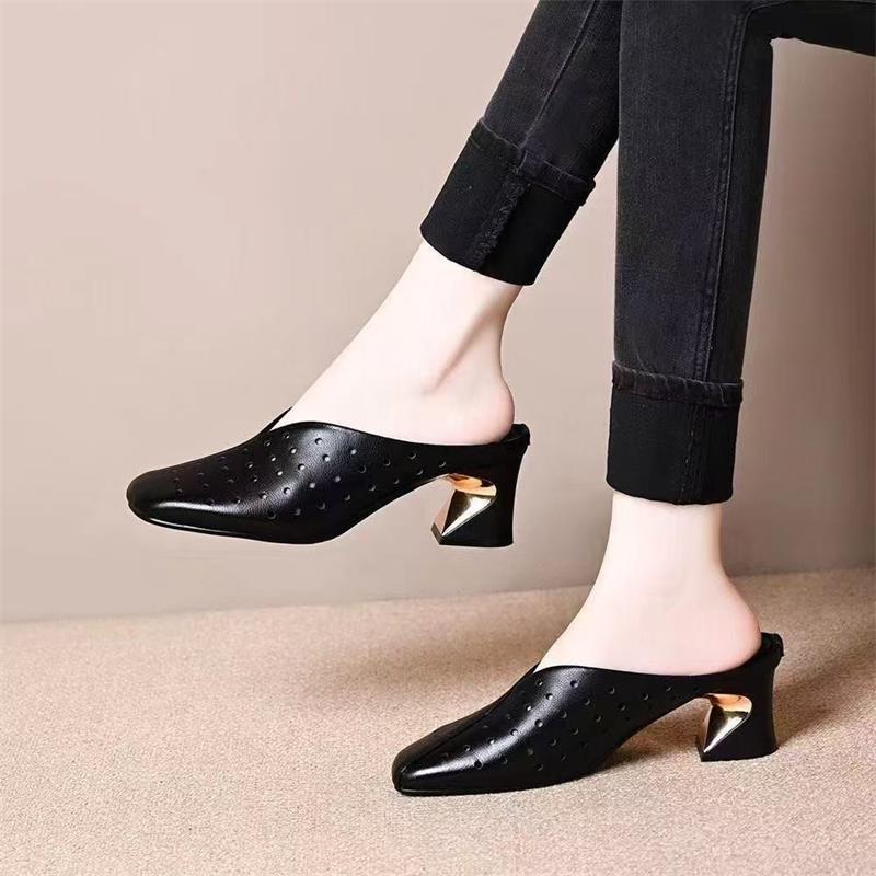 Mueller zapatos cuadrados de tacones gruesos para mujeres 2026 verano nuevos zapatos de agujero de cuero suave con cabeza de bolsillo medio zapatos de transporte universal image 7