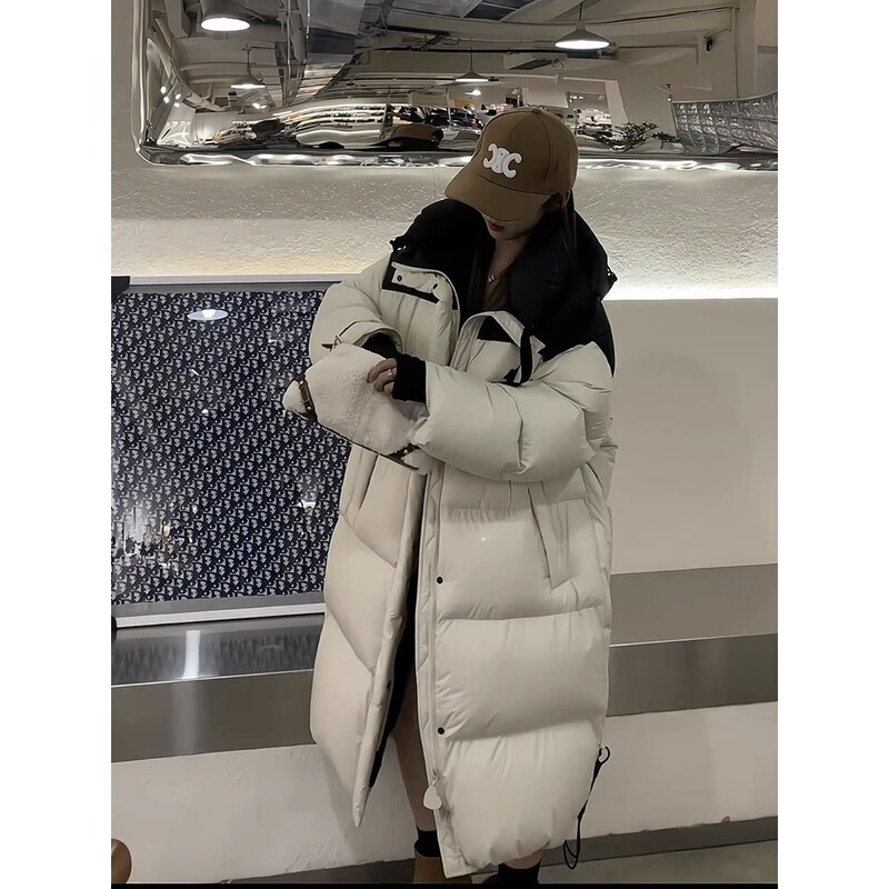 White Duck down Jacket Women's New Winter Extra Long Over-The-Knee Loose Thickeneded Color Matching Heart Hooded Jacket