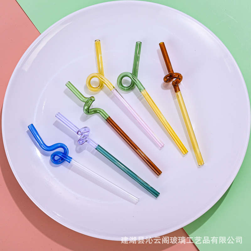 Paja de vidrio de color en forma de japonés lindo resistente a altas temperaturas creativo color a juego bebida de leche caliente paja curvada