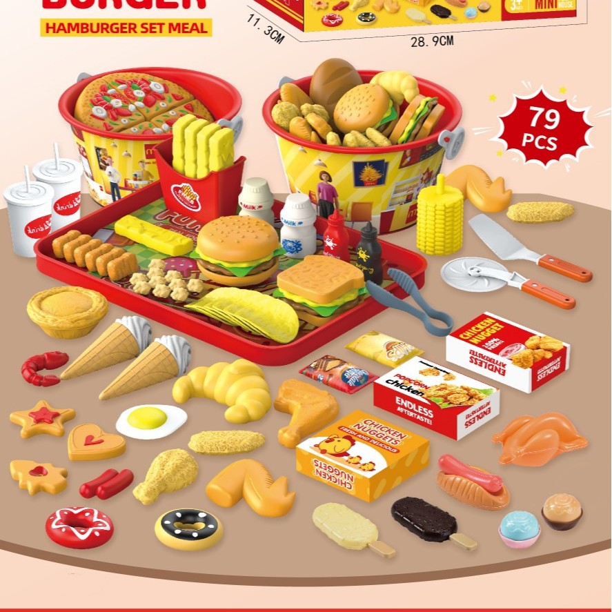 Simulación transfronteriza de papas fritas, hamburguesas fritas, alas de pollo fritas, paquete familiar de barril, juguetes de canasta de picnic familiar