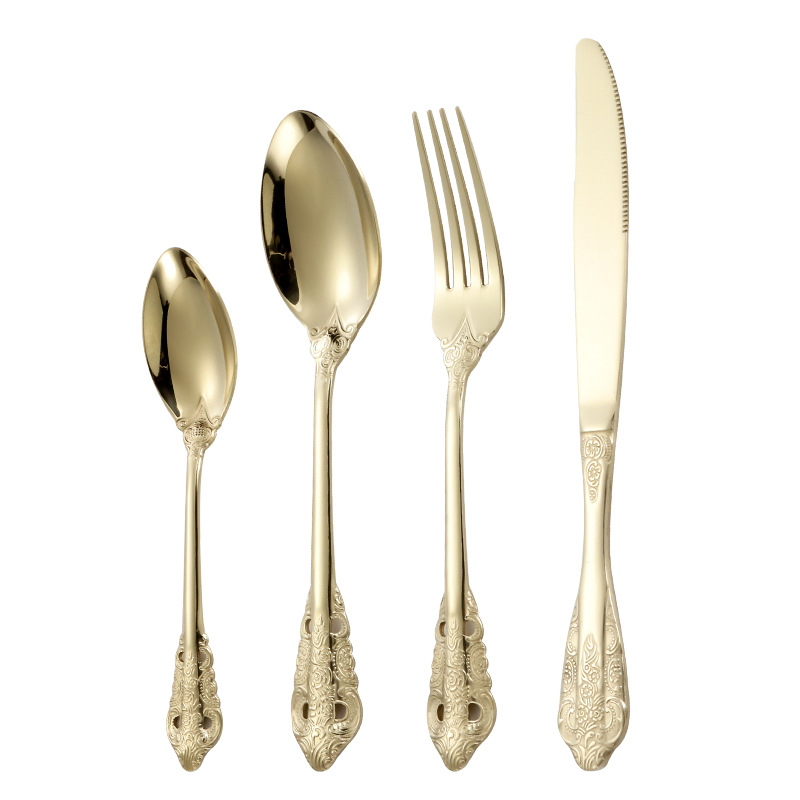 Corte cuchillo de acero inoxidable, tenedor y cuchara europeo retro alivio creativo occidental cuchillo de carne, tenedor y cuchara hotel vajilla traje