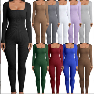 2024 foreign trade Women's solid color long-sleeved vest jumpsuit thread square collar backless hip lifting slim sports jumpsuit