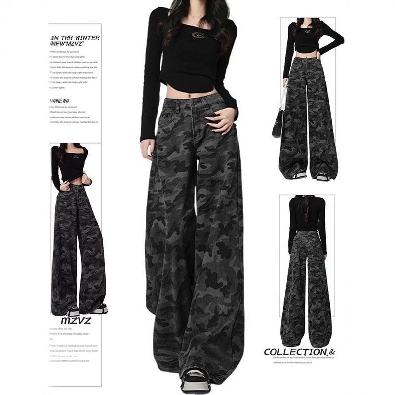 American Retro Camouflage Wide-Leg Jeans for Women Autum 2025 New Loose Straight High-Waisted Large Size Work Pants