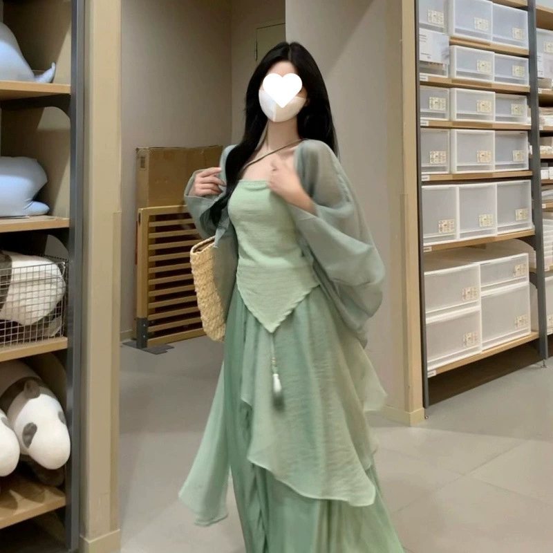 Новая женская одежда в китайском стиле, улучшенный ханьфу, элементы хань, повседневное зеленое платье три.