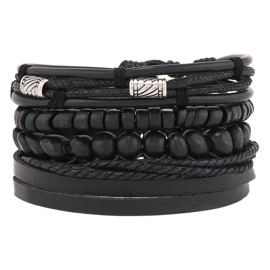 Nueva joyería transfronteriza europea y americana de los hombres de la pulsera de cuero con cuentas tejidas a mano de múltiples capas traje pulsera ajustable