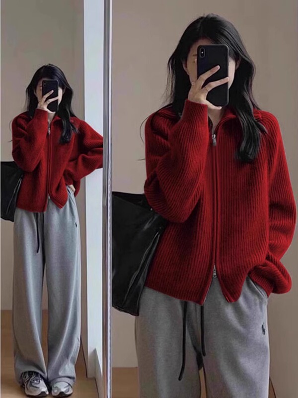 New Year's Knitted Cardigan Women's 2024 New Autumn and Winter Red Thickened Sweater This Year of Life Lazy Style Zipper Jacket