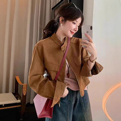 麂皮绒外套女短款小个子2025早秋新款复古咖色鹿皮绒机车皮衣夹克