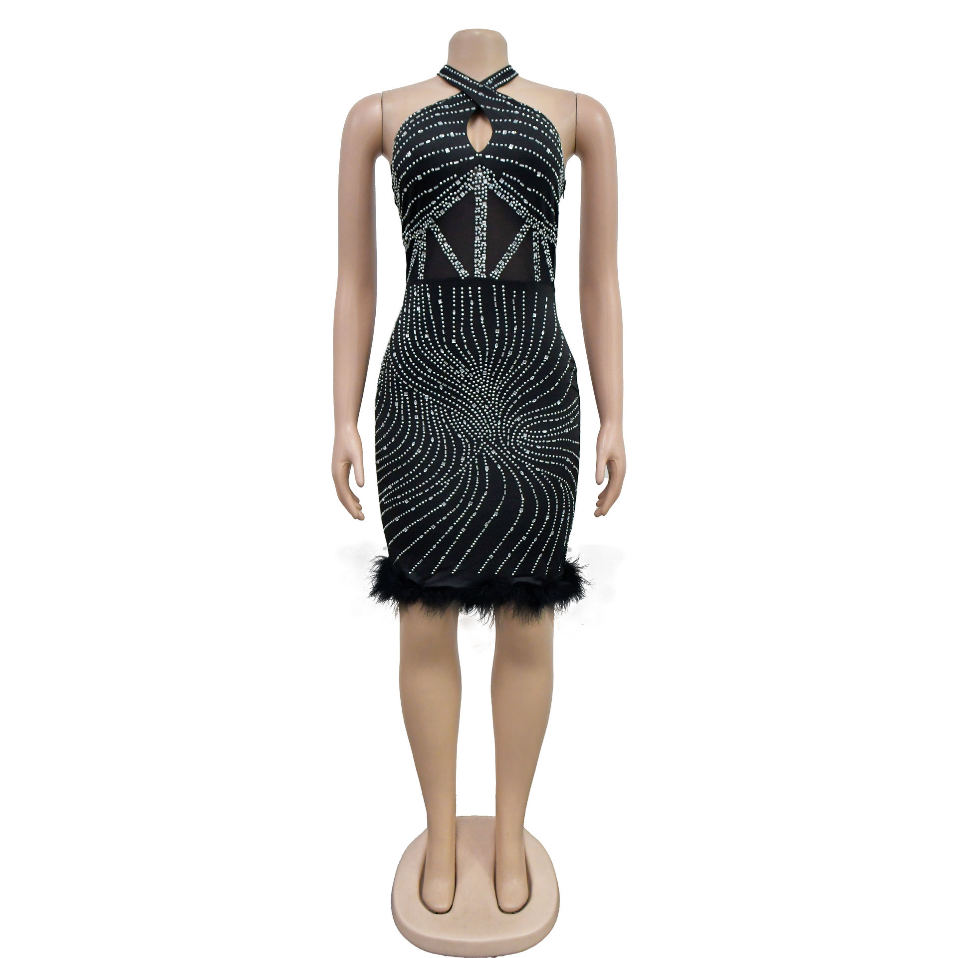 Women's Clothing fashion women's solid color hot diamond halter neck backless short skirt dress_voghion.com