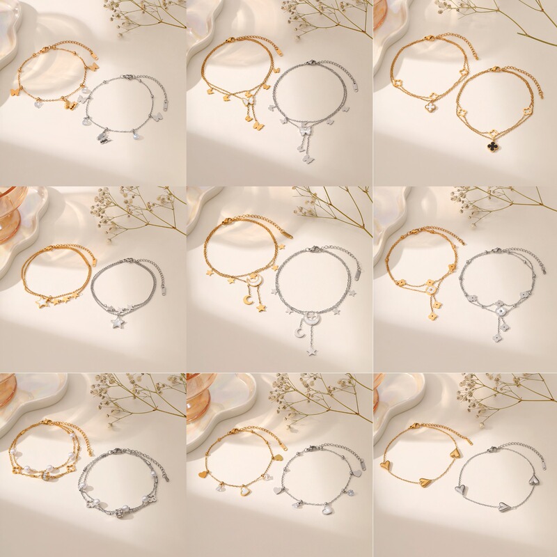 [full body titanium steel] new fashion titanium steel anklet series peach heart moon does not fade double tassel foot jewelry