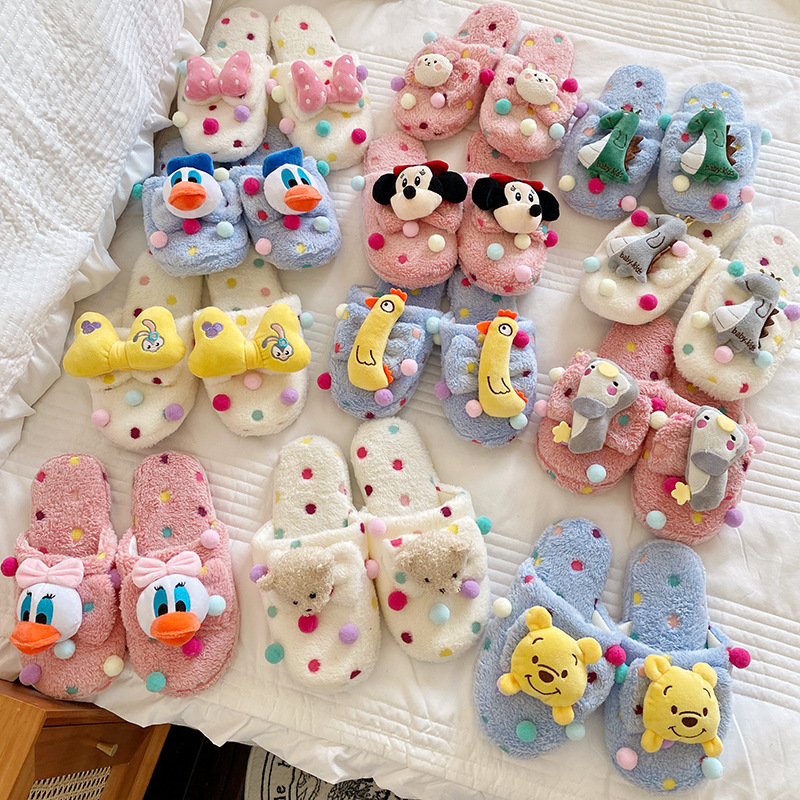 Autumn and Winter New Women's Cute Cartoon Bow Plush Dormitory Home Slippers Indoor Warm Cotton Slippers Couple's Home Shoes