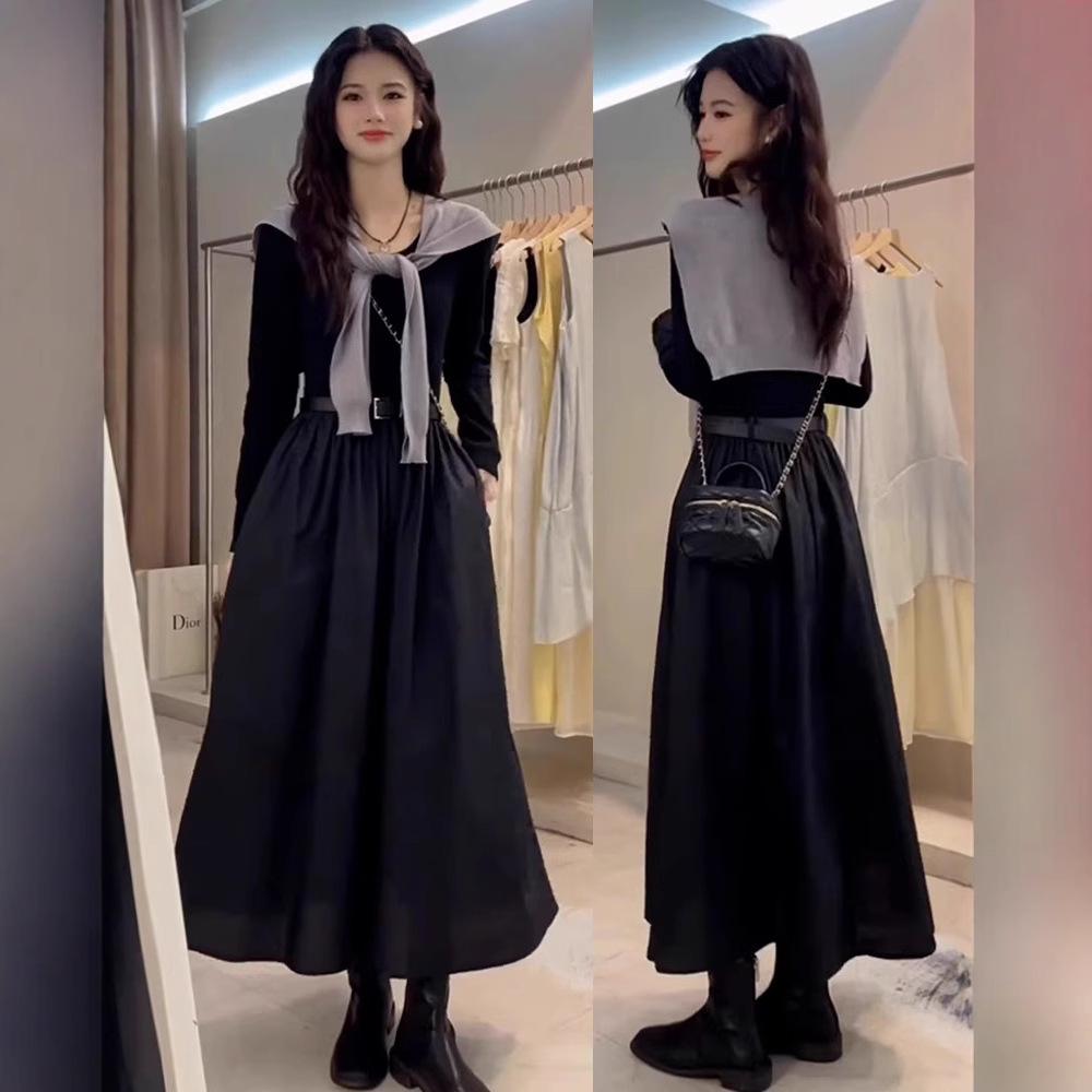 Retro solid color long-sleeve with a round collar