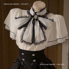 日系清楚系喇叭袖雪纺甜美蝴蝶结气质上衣衬衫+短裙两件套